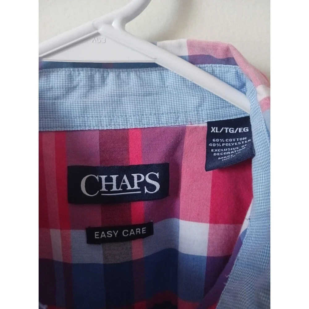 Chaps Mens Plaid Button Up Shirt Red Blue Size XL Short Sleeve - Picture 3 of 5